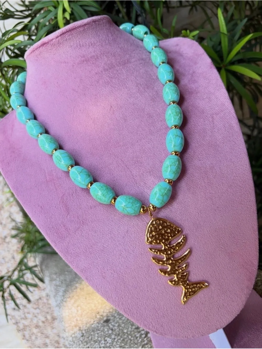Turquoise Beaded Necklace with Gold Fishbone Pendant